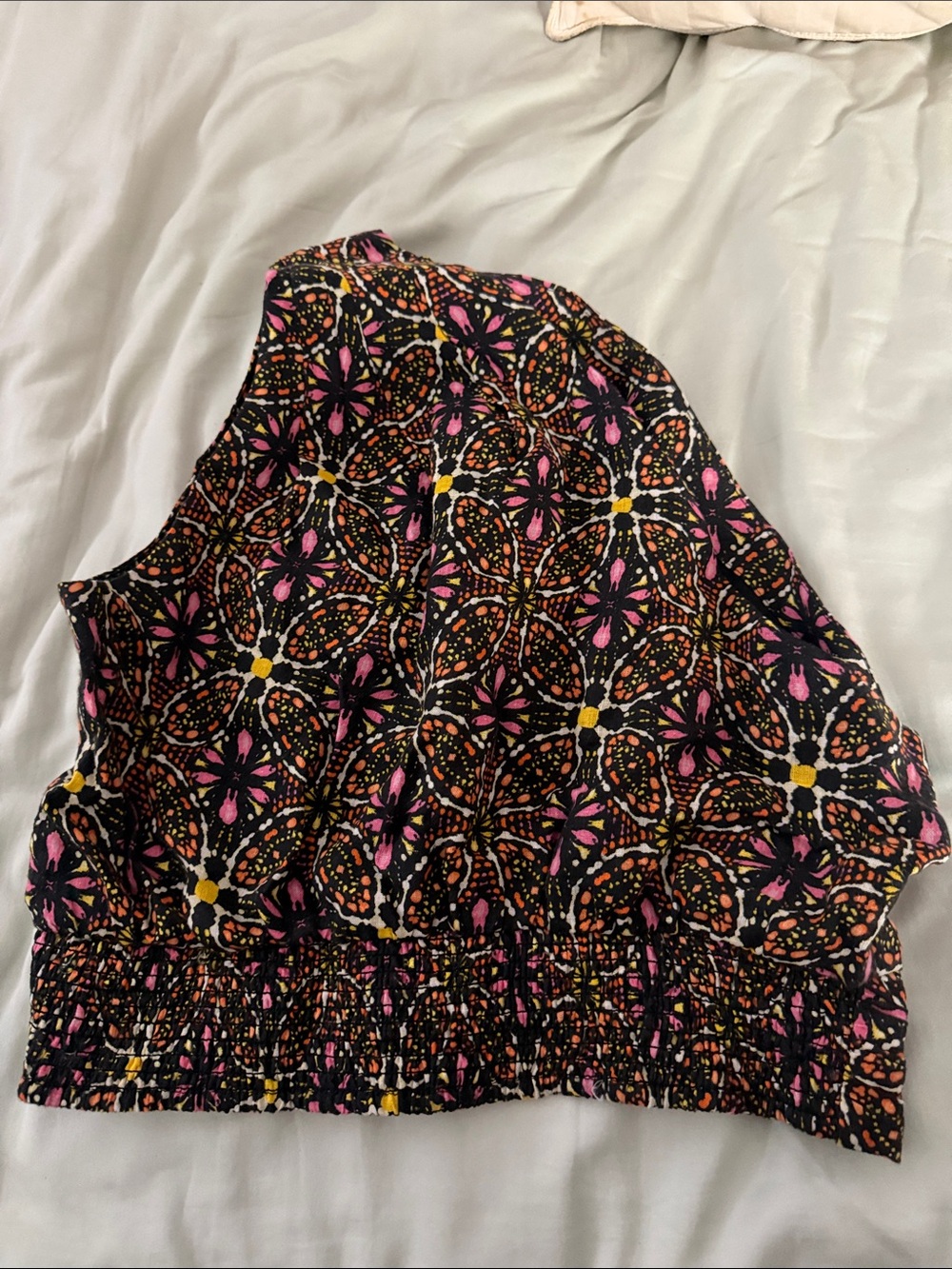 Anthropologie Black Floral Print Smocked Tank with Pink & Yellow Accents